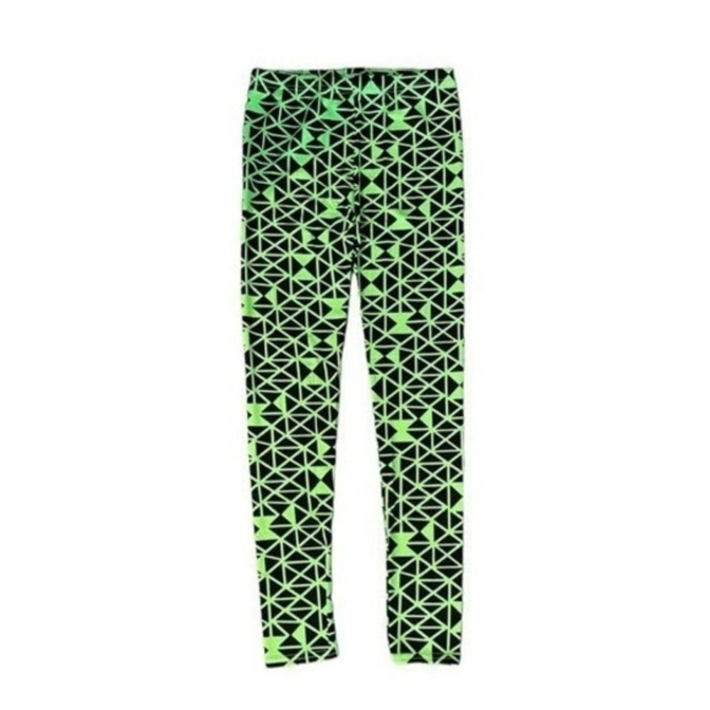 Nollia‎ Seamless Leggings Neon Green Black Geometric Shape Pattern Stretch S/M